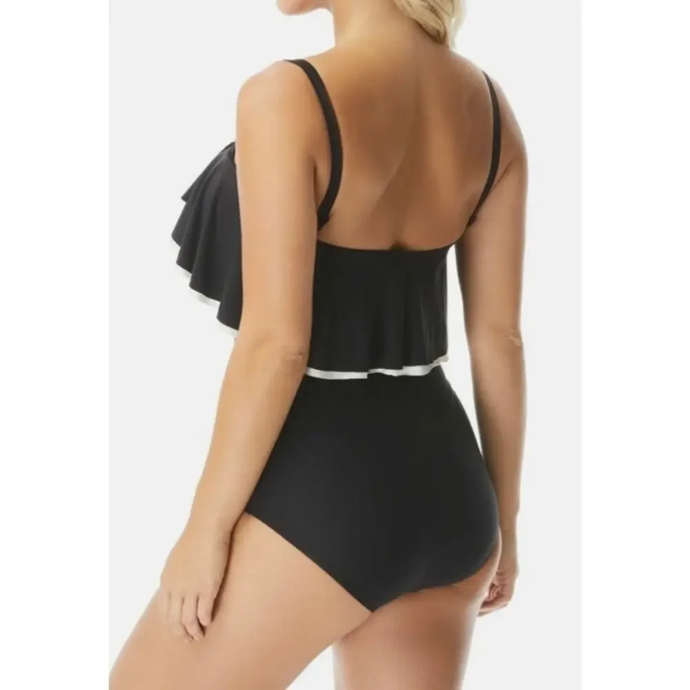 Coco Reef Black Cream Agate Ruffle Bandeau UW One Piece Swim Suit 16 40C NWT - Picture 3 of 6